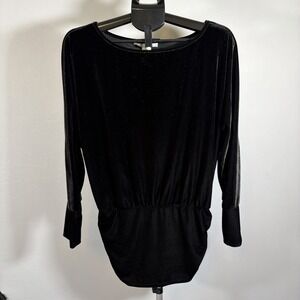 Boston Proper Medium Black Long Sleeve Ruched Side Bloused Top Velvet Glam Goth
